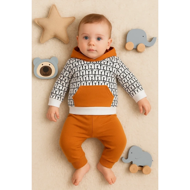 Minik Ayıcıklar Desenli 2li % 100 Pamuk Erkek Bebek Takımı