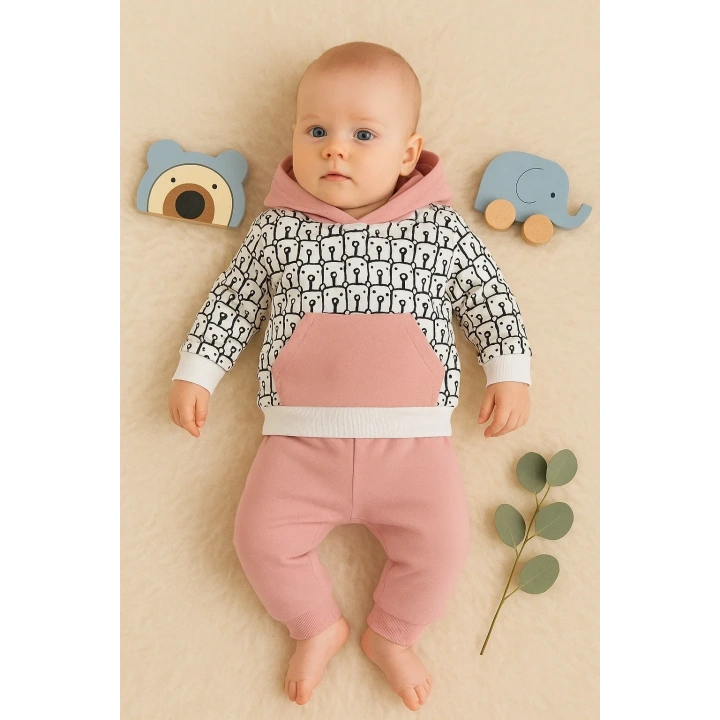 Minik Ayıcıklar Desenli 2li % 100 Pamuk Kız Bebek Takımı
