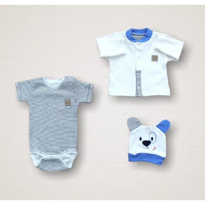 Minik Centilmen Ayı Nakışlı  10lu Zıbın Takımı Hastane Çıkışı Mavi