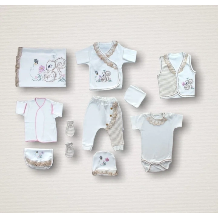 Minik Sincap Nakışlı  10lu Zıbın Takımı Hastane Çıkışı Ekru