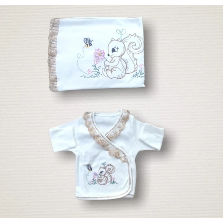 Minik Sincap Nakışlı  10lu Zıbın Takımı Hastane Çıkışı Ekru