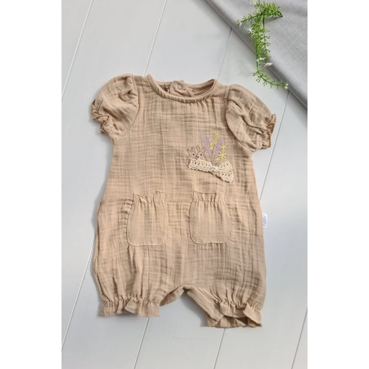 Müslin Kumaş Çiçek Nakışlı Pamuklu Kız Bebek Tulum