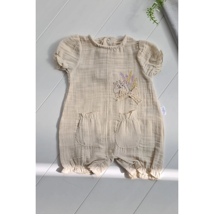 Müslin Kumaş Çiçek Nakışlı Pamuklu Kız Bebek Tulum