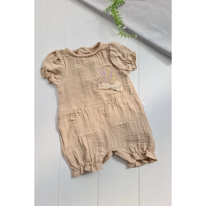 Müslin Kumaş Çiçek Nakışlı Pamuklu Kız Bebek Tulum