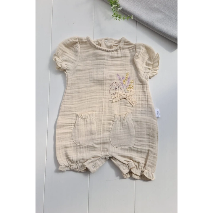 Müslin Kumaş Çiçek Nakışlı Pamuklu Kız Bebek Tulum