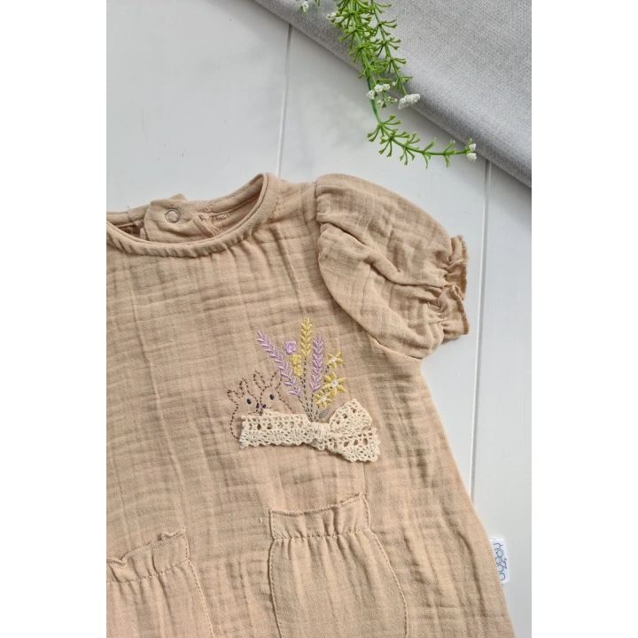 Müslin Kumaş Çiçek Nakışlı Pamuklu Kız Bebek Tulum