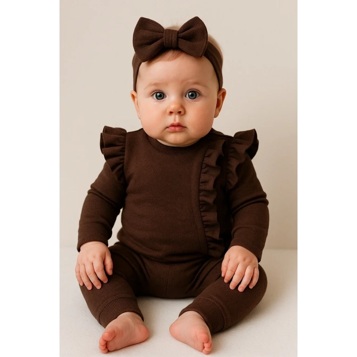 Orkide Büzgü Detaylı 3 Parça Kız Bebek Takımı %100 Pamuk