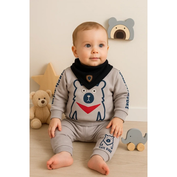 Oynar Gözlü Fularlı 3lü Erkek Bebek Takımı