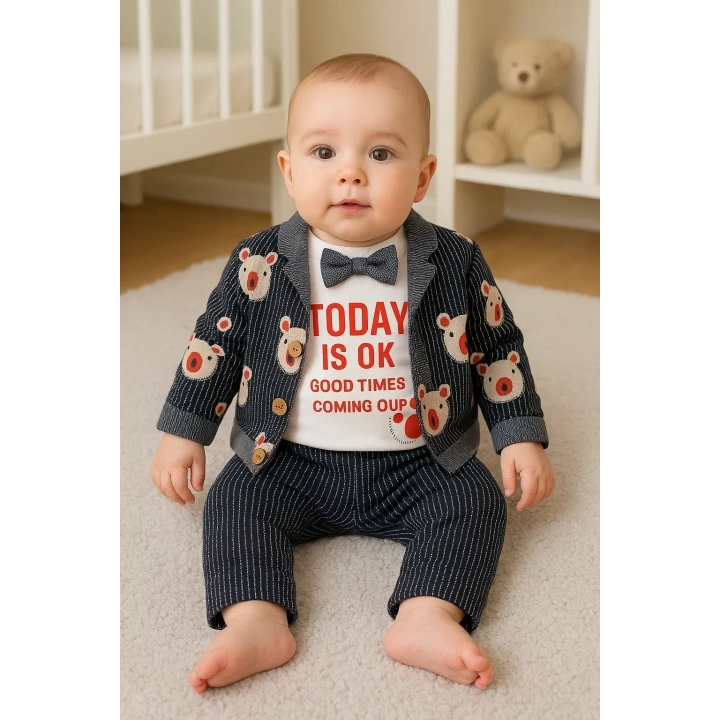 Papyonlu Bear Çizgili Model Ceketli 3lü Erkek Bebek Takımı