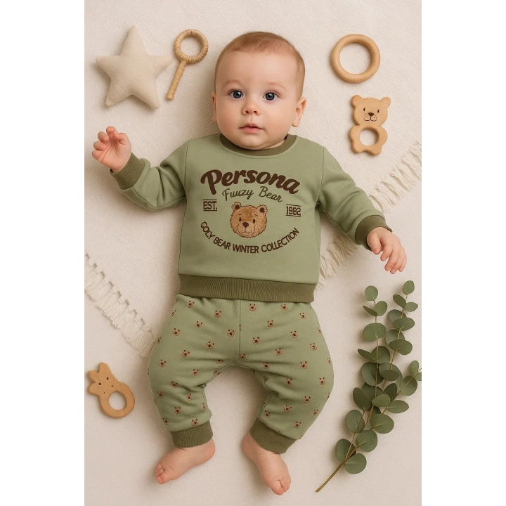Persona Bear Nakışlı % 100 Pamuk 2li Erkek Bebek Takım