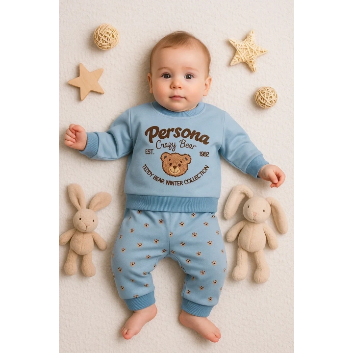 Persona Bear Nakışlı % 100 Pamuk 2li Erkek Bebek Takım