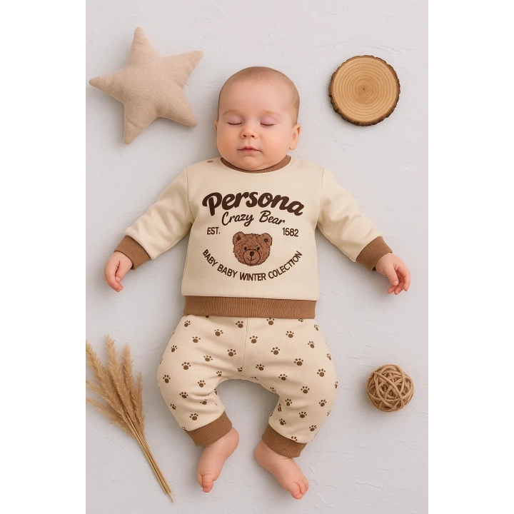 Persona Bear Nakışlı % 100 Pamuk 2li Erkek Bebek Takım