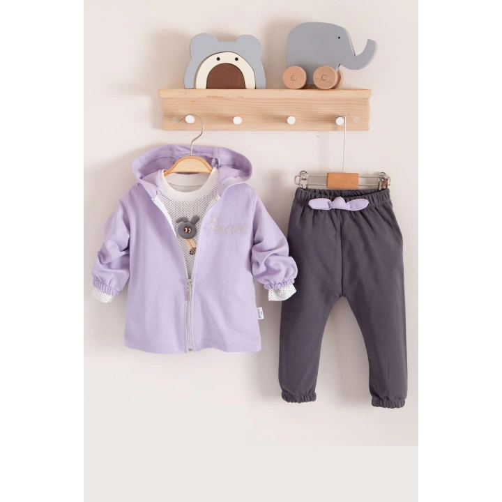 Prences Nakışlı Kapişonlu 3lü % 100 Pamuk Kız Bebek Takımı