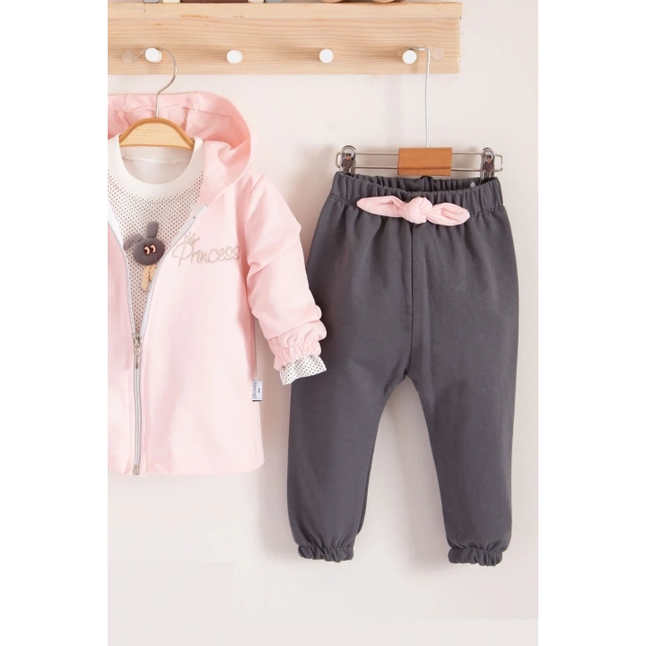 Prences Nakışlı Kapişonlu 3lü % 100 Pamuk Kız Bebek Takımı