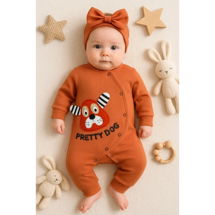 Pretty Dog Nakışlı Bandanalı % 100 Pamuk Kız Bebek Tulumu