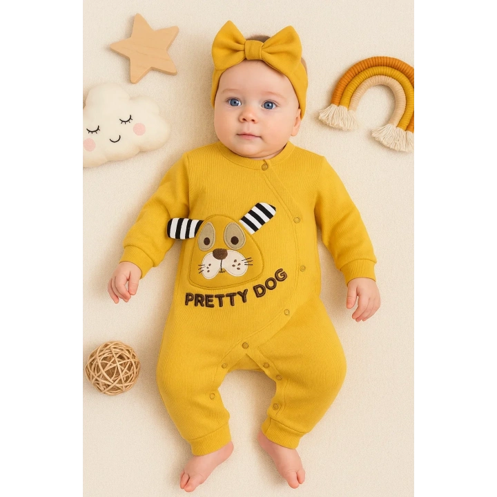 Pretty Dog Nakışlı Bandanalı % 100 Pamuk Kız Bebek Tulumu