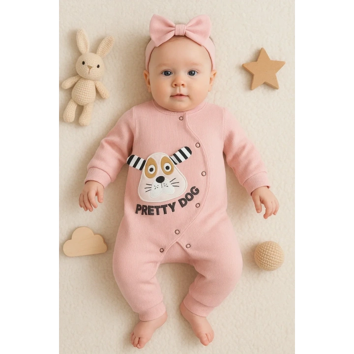 Pretty Dog Nakışlı Bandanalı % 100 Pamuk Kız Bebek Tulumu