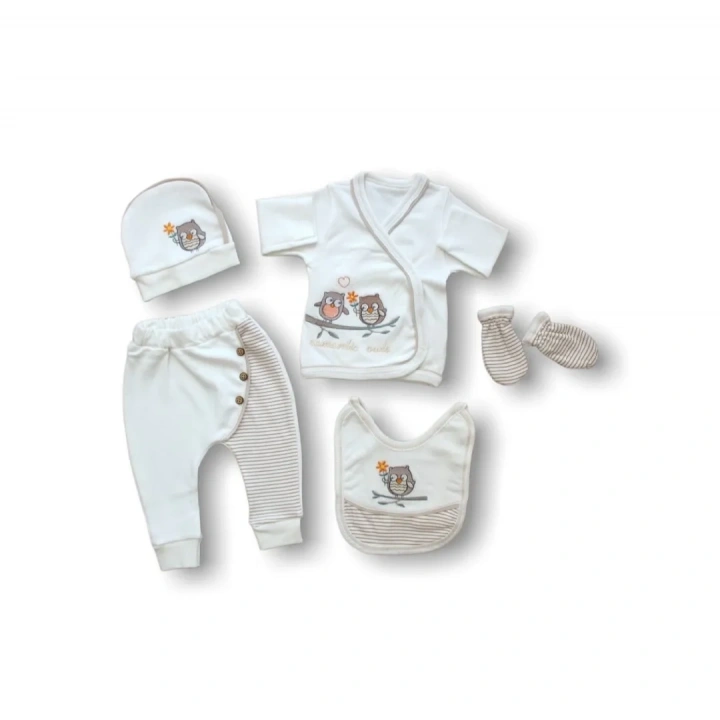 Romantik Çift Baykuş Nakışlı  5li Zıbın Takımı Hastane Çıkışı Ekru