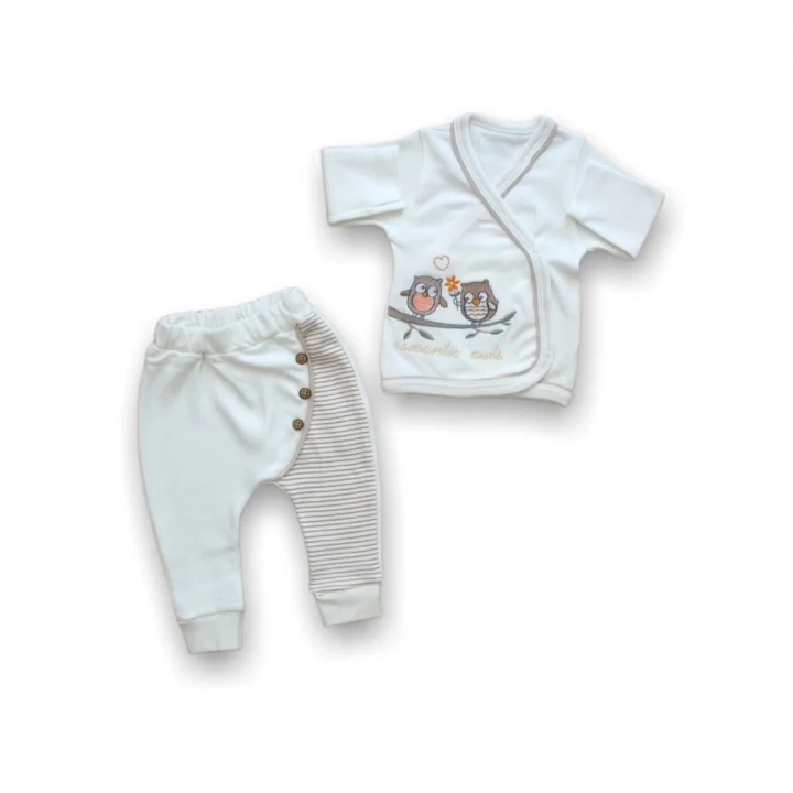 Romantik Çift Baykuş Nakışlı  5li Zıbın Takımı Hastane Çıkışı Ekru