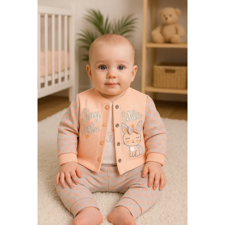 Stay Little Puan Desenli 3lü Hırkalı Kız Bebek Takım