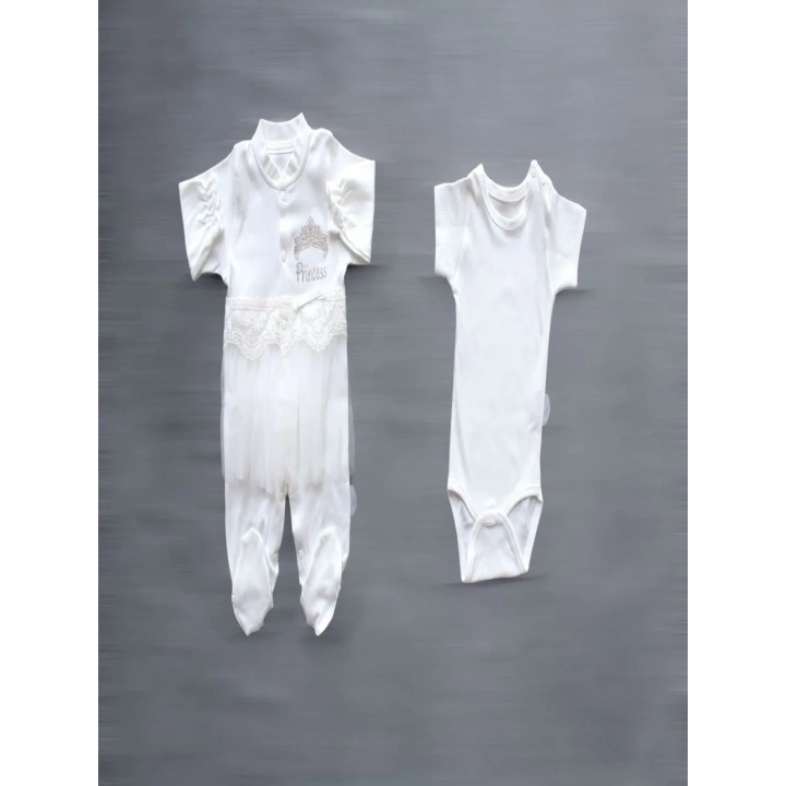 Taçlı Prensesim Nakışlı  10lu Zıbın Takımı Hastane Çıkışı Ekru