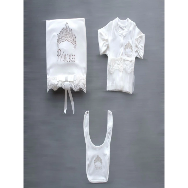 Taçlı Prensesim Nakışlı  10lu Zıbın Takımı Hastane Çıkışı Ekru