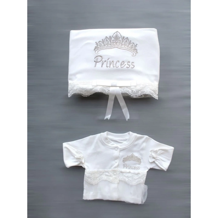 Taçlı Prensesim Nakışlı  10lu Zıbın Takımı Hastane Çıkışı Ekru