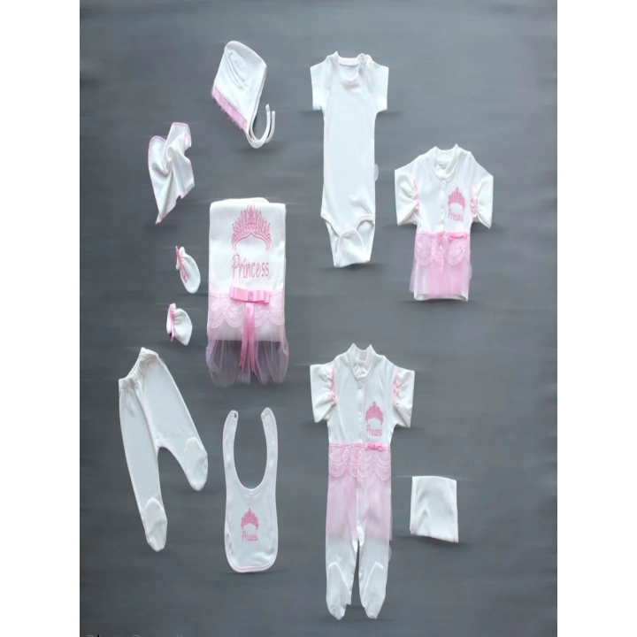 Taçlı Prensesim Nakışlı  10lu Zıbın Takımı Hastane Çıkışı Pembe