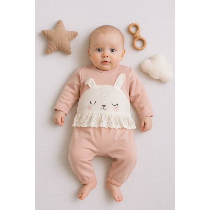 Tavşan Nakışlı Güpürlü % 100 Pamuk Kız Bebek Tulum