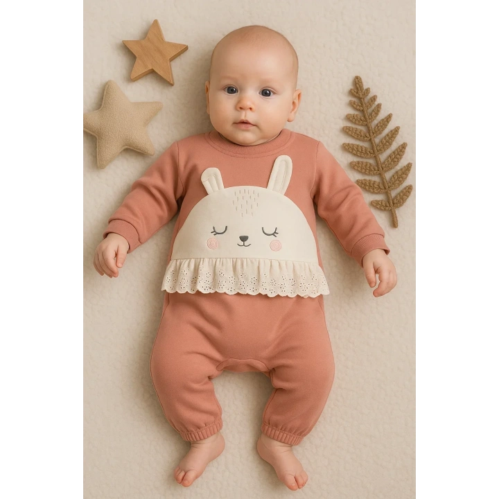 Tavşan Nakışlı Güpürlü % 100 Pamuk Kız Bebek Tulum