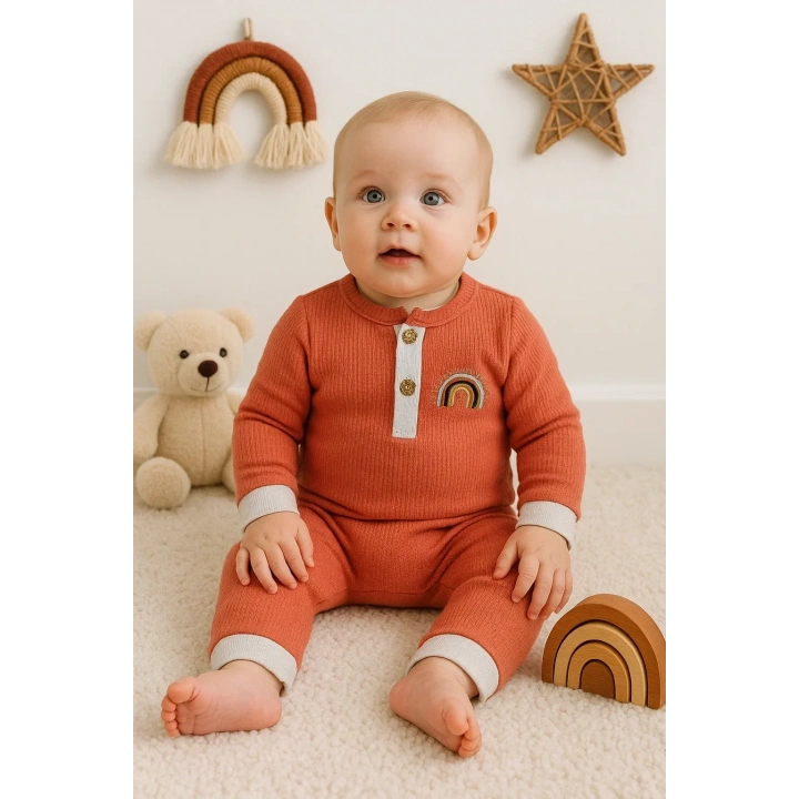 Waffle Gökkuşağı Nakışlı Erkek Bebek Tulumu