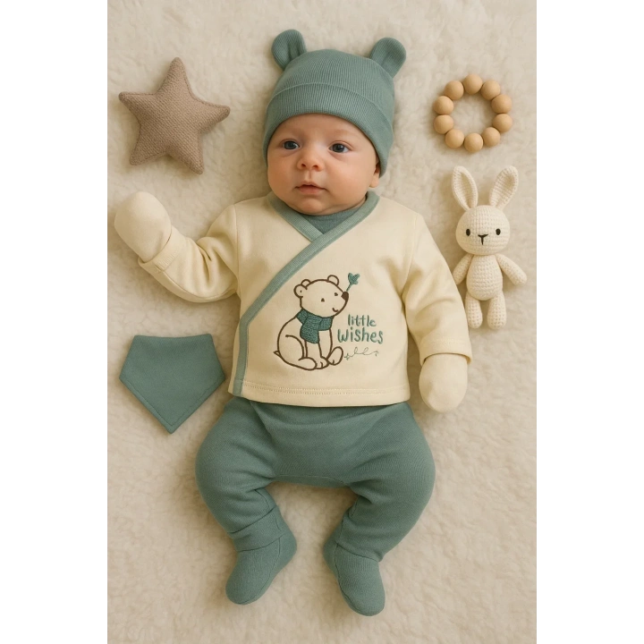 Waffle Natural % 100 Pamuk 5li Erkek Bebek Hastane Çıkış Seti