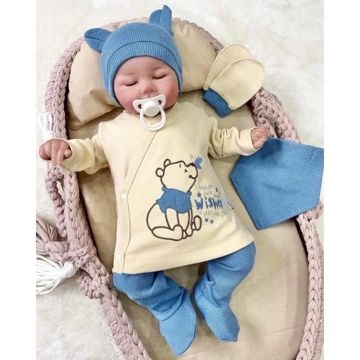 Waffle Natural % 100 Pamuk 5li Erkek Bebek Hastane Çıkış Seti