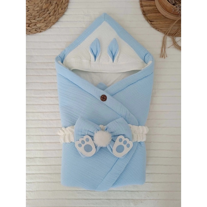 Yenidoğan 4 Kat Müslin Kumaş Kulaklı Patili Fiyonk Bebek Battaniyesi Kundak Mavi
