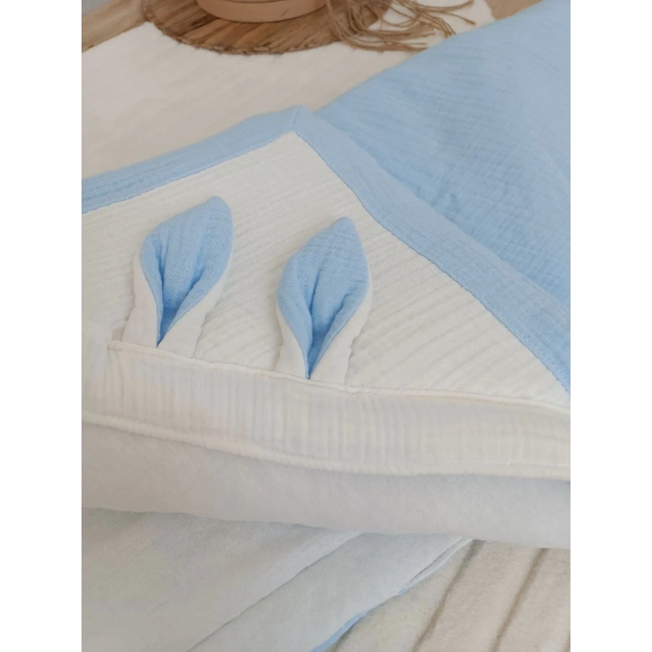 Yenidoğan 4 Kat Müslin Kumaş Kulaklı Patili Fiyonk Bebek Battaniyesi Kundak Mavi