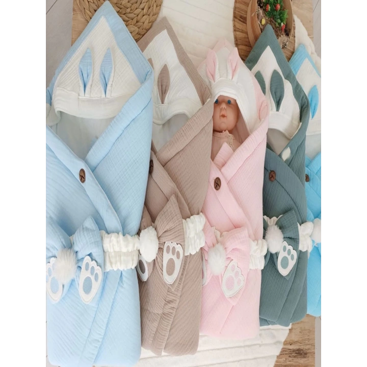 Yenidoğan 4 Kat Müslin Kumaş Kulaklı Patili Fiyonk Bebek Battaniyesi Kundak Mavi