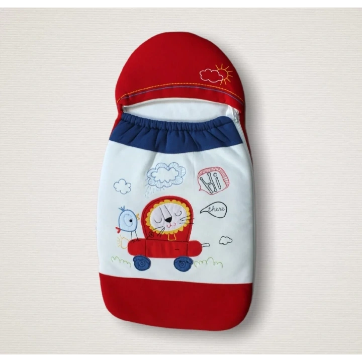 Yenidoğan Arabalı Aslan Nakışlı Fermuarlı Şapkalı Klasik Kundak Bebek Battaniyesi Mavi