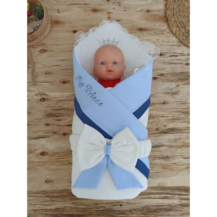 Yenidoğan Bal Peteği My Prince Taç Nakışlı Delüks Kundak Bebek Battaniyesi Mavi