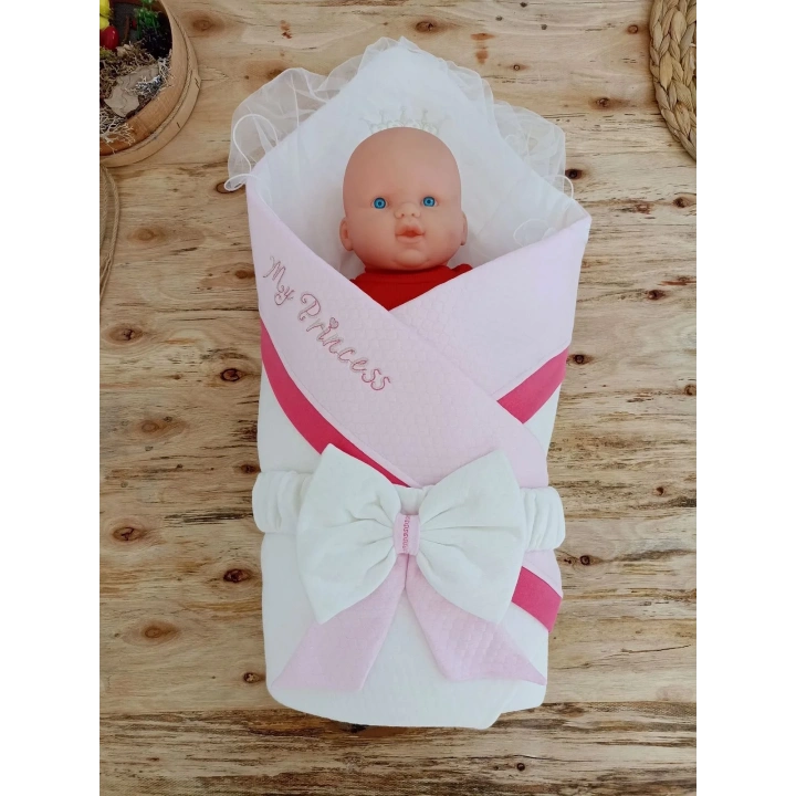 Yenidoğan Bal Peteği My Prince Taç Nakışlı Delüks Kundak Bebek Battaniyesi Pembe