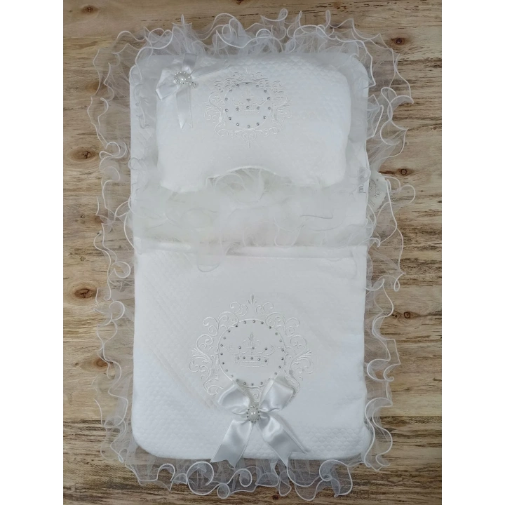 Yenidoğan Bal Peteği Taç Nakışlı Kundaklı Trilüks 3lü Alt Açma Seti Ekru