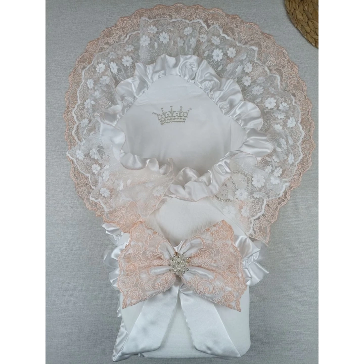 Yenidoğan Bal Peteği Taç Nakışlı Lüks Kundak Bebek Battaniyesi Ekru