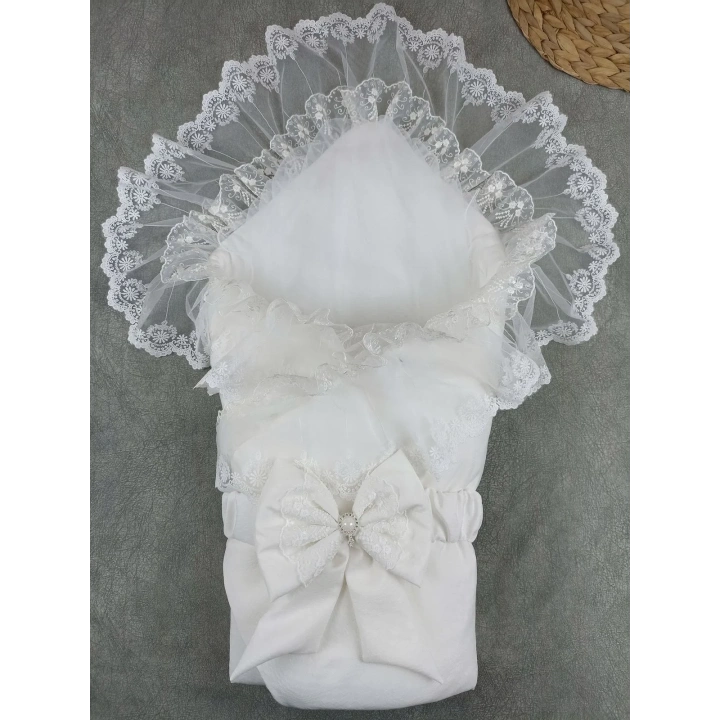 Yenidoğan Bambu Taç Nakışlı Delüks Kundak Bebek Battaniyesi Ekru