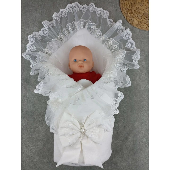 Yenidoğan Bambu Taç Nakışlı Delüks Kundak Bebek Battaniyesi Ekru