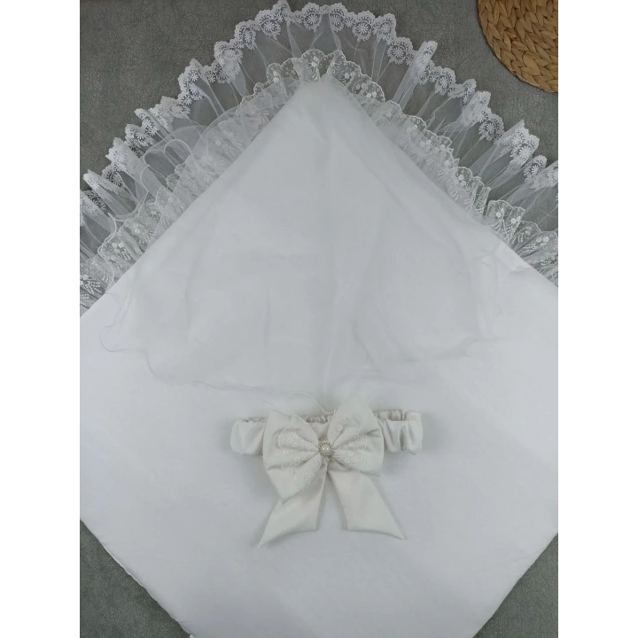 Yenidoğan Bambu Taç Nakışlı Delüks Kundak Bebek Battaniyesi Ekru