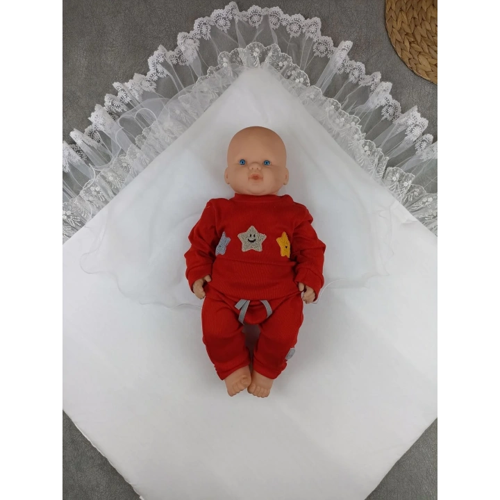 Yenidoğan Bambu Taç Nakışlı Delüks Kundak Bebek Battaniyesi Ekru