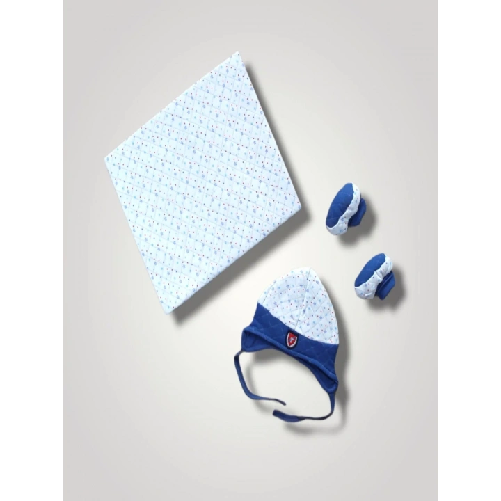Yenidoğan Baskılı Double Face Şapka Ve Patikli 3lü Bebek Battaniye Takımı Lacivert