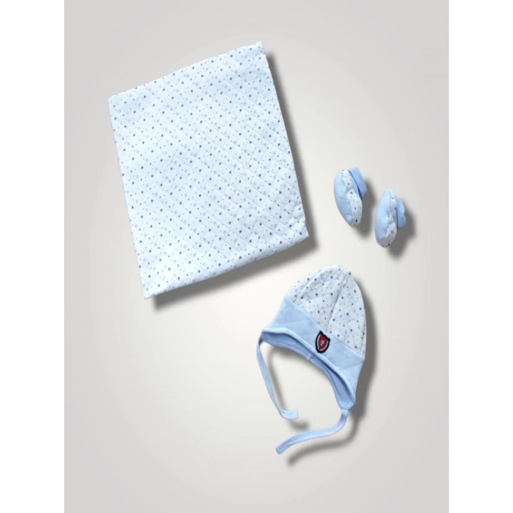 Yenidoğan Baskılı Double Face Şapka Ve Patikli 3lü Bebek Battaniye Takımı Mavi