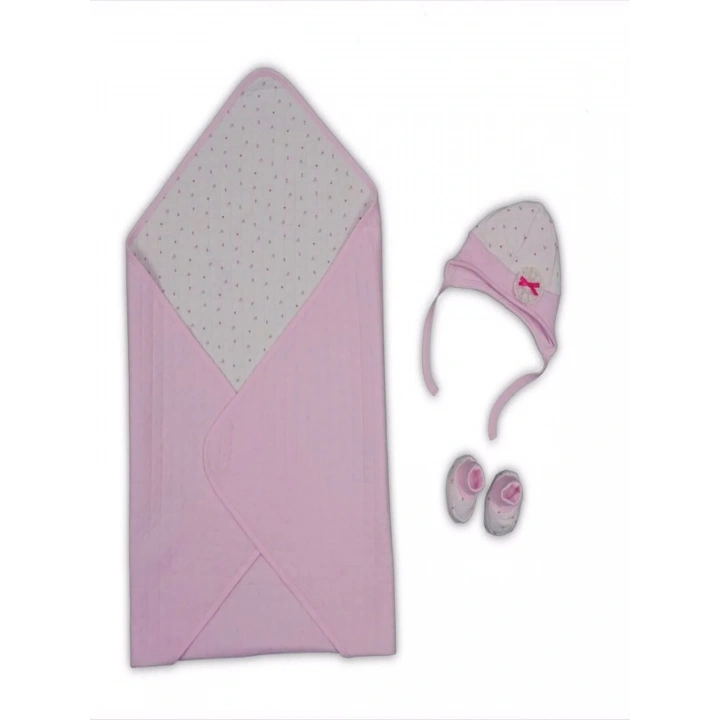 Yenidoğan Baskılı Double Face Şapka Ve Patikli 3lü Bebek Battaniye Takımı Pembe