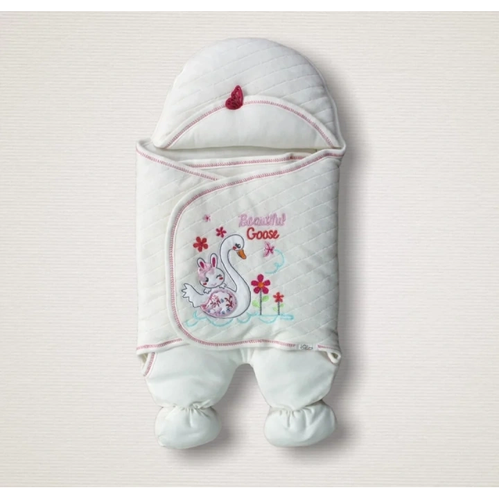 Yenidoğan Çiçekli Ördek Nakışlı Şapkalı Kız Bebek Ayaklı Kundak Bebek Battaniyesi Ekru