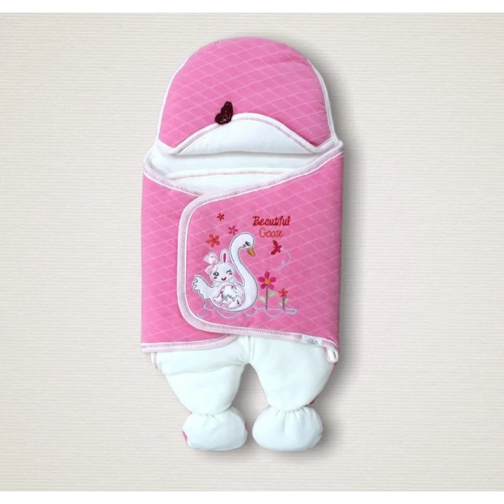 Yenidoğan Çiçekli Ördek Nakışlı Şapkalı Kız Bebek Ayaklı Kundak Bebek Battaniyesi Pembe